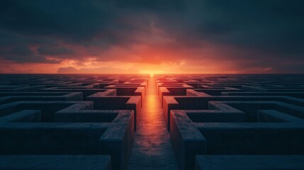 A glowing pathway leads through a dark, vast maze under a dramatic sunset sky, symbolizing hope and direction amid complexity.