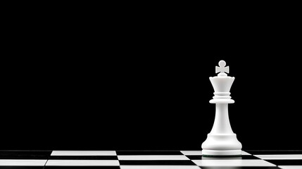 A single white king chess piece stands prominently on a black and white chessboard against a pure black background.