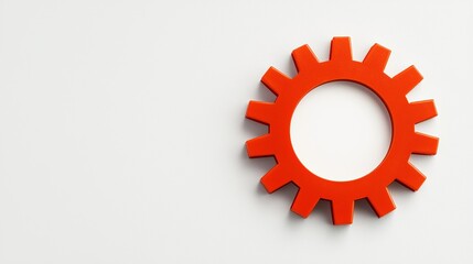 A single red gear with teeth on a white background, symbolizing mechanics, engineering, or industrial concepts.