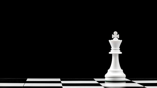 A single white king chess piece stands prominently on a black and white chessboard against a pure black background.