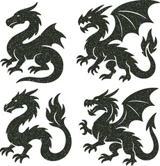 Set of Chinese dragon vector illustrations in black silhouette style with mythical and tribal design elements