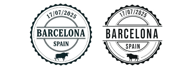 Barcelona Spain stamp design featuring a bull and the date 17/07/2025 in a circular shape.