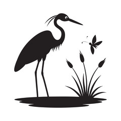 Heron With Dragonfly Hovering Nearby Silhouette