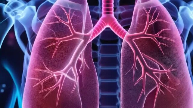 Three-dimensional visualization of the human body with emphasis on the lungs. Applicable in medical articles and health education materials.
