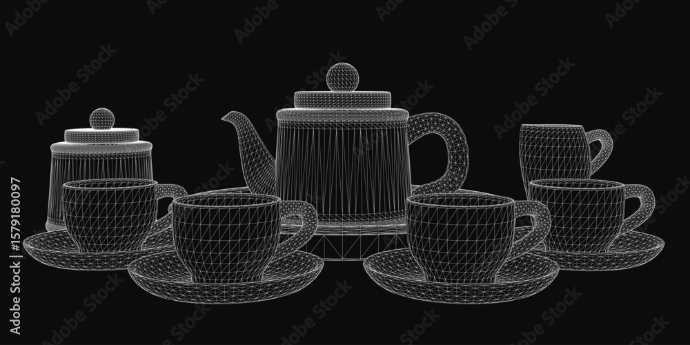 Aufkleber a 3d wireframe tea set features a teapot and various cups with saucers arranged symmetrically on a b