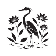 Heron Standing Gracefully With Lotus Flowers