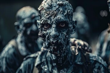 Scary decaying undead soldiers emerging from the darkness, ready to attack