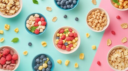 Colorful Flatlay of Healthy Snacks in Bowls on Blue and Pink Background