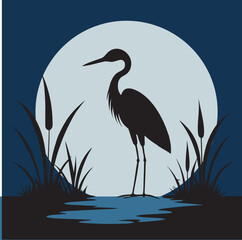 Heron In Moonlit Wetlands Hunting Scene Silhouette