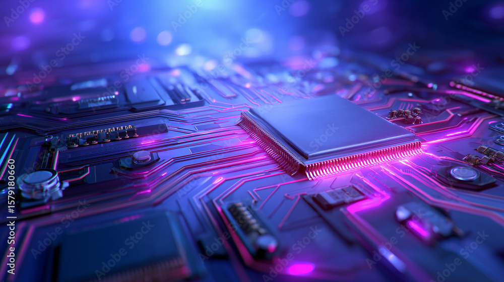 Poster a close-up view of a cutting-edge microchip positioned on a sleek circuit board. vivid neon lights i