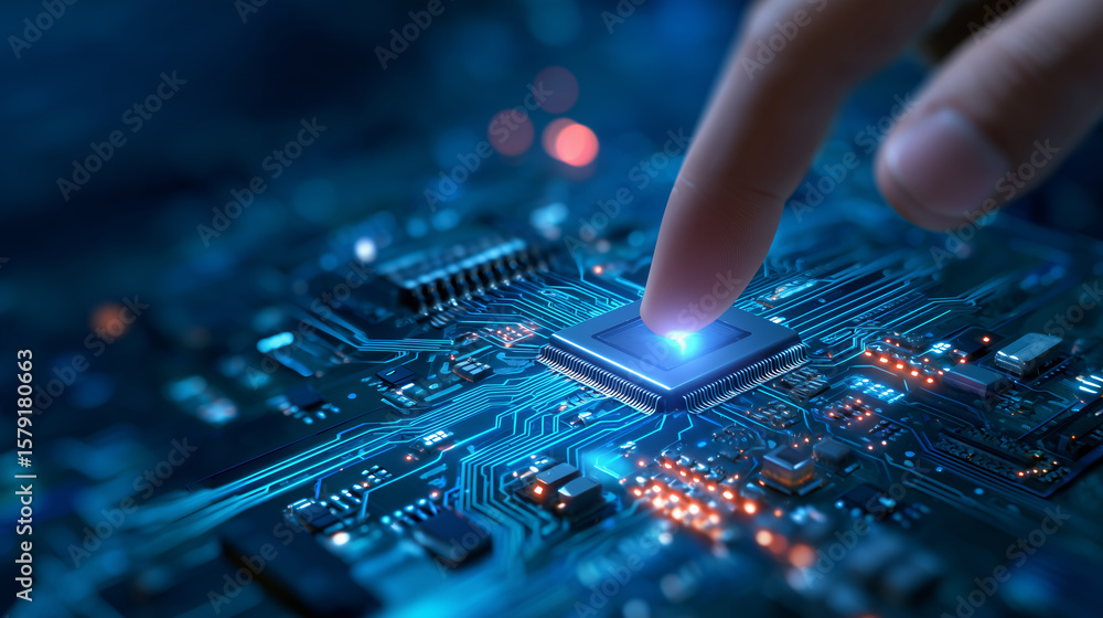 Aufkleber a hand reaches out to touch a glowing computer chip on a detailed circuit board. bright blue lights 