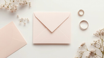 Elegant wedding stationery mockup with blush envelopes, delicate baby's breath, and rings on white.