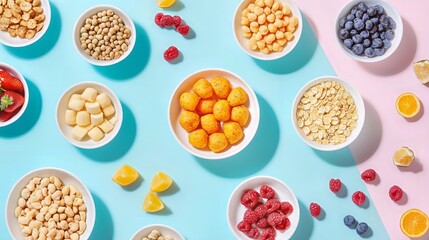 Naklejka premium Colorful Flatlay of Healthy Snacks in Bowls on Blue and Pink Background 