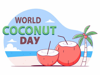Cartoon Illustration for World Coconut Day Featuring Coconuts Beach and Palm Tree cartoon illustration