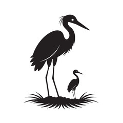 Obraz premium Heron Nesting Beside Baby Chick Illustration