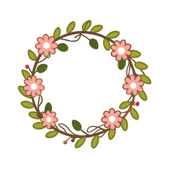 A charming floral wreath design featuring pink blossoms and verdant leaves