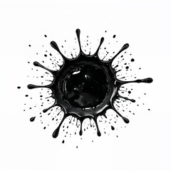 "Black Paint Splash with Droplets on White Background"