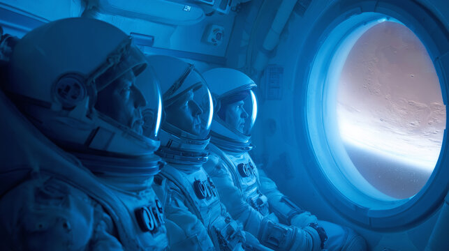 Four astronauts in space suits sit inside a spacecraft, looking through a large circular window at the reddish surface of Mars