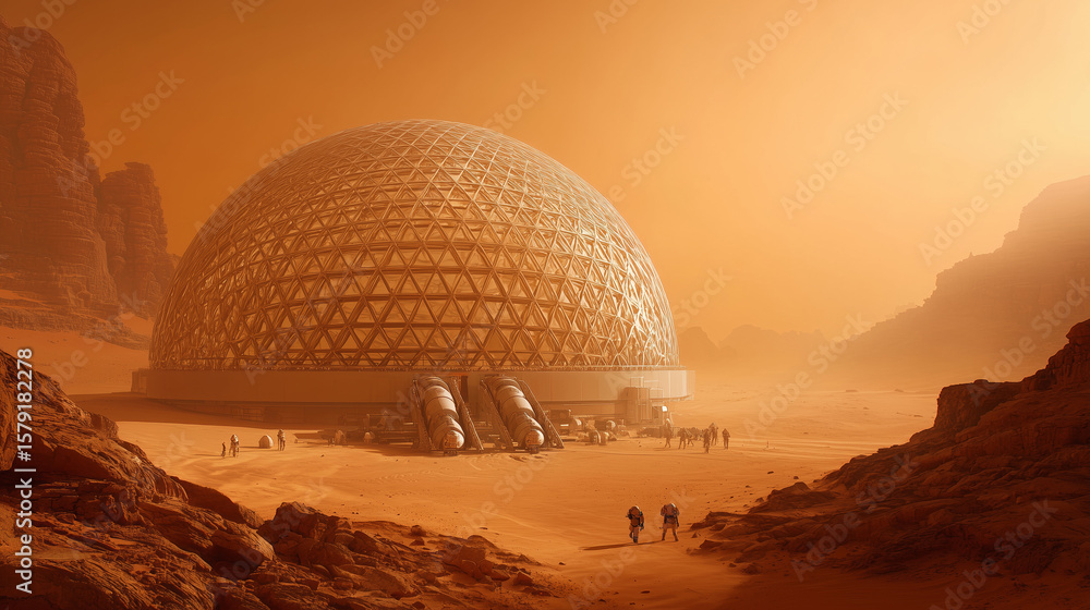 Poster human activity on mars involves constructing a large geodesic dome as a habitation module, ensuring 