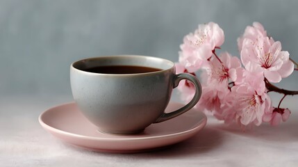 cup of coffee, pink and grey, flowers