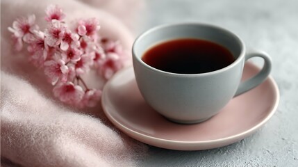 cup of coffee, pink and grey, flowers