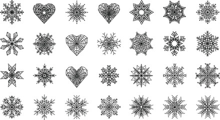 Snowflake line icon set. Vector pictograms of diamond shapes, hearts, spiderweb-inspired elements, thin linear illustration for Christmas and New Year