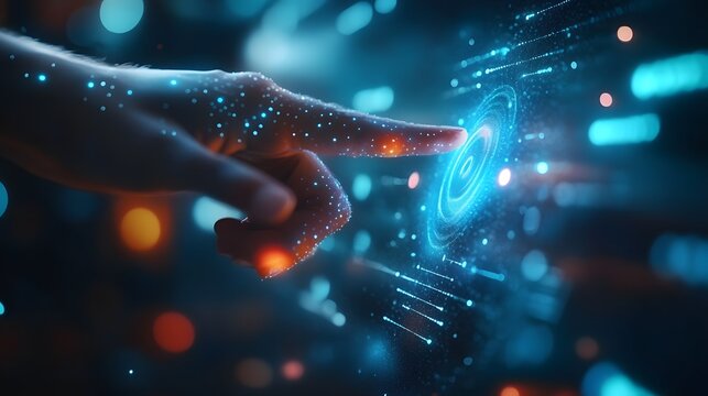 Futuristic Hand Touching Digital Interface with Cosmic Elements