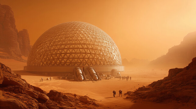 Human activity on Mars involves constructing a large geodesic dome as a habitation module, ensuring survival and promoting agriculture in the Martian landscape
