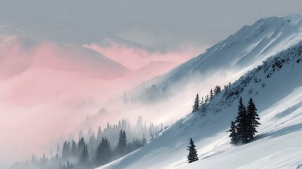 winter mountain landscape, snow covered mountains, mountains in the morning