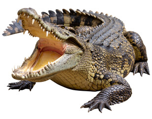 Naklejka premium Side View of Fierce Crocodile Roaring with Open Jaws – Transparent PNG Cutout