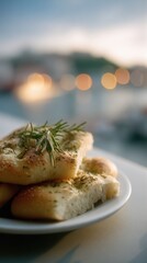 Closeup of fresh focaccia bread on wooden surface