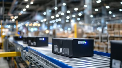 Industrial warehouse scene with black totes neatly aligned on fast-moving conveyor belts, robotic vehicles navigating aisles, showcasing modern e-commerce supply chain technology - Powered by Adobe