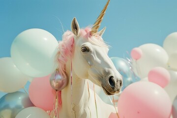 Mythical white unicorn with pink mane and golden horn posing among colorful balloons under a clear blue sky