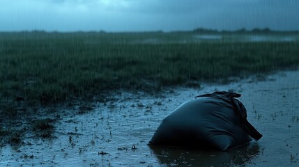 Fototapeta premium Black Bag in Wet Field Under Dark Sky with Rainy Weather