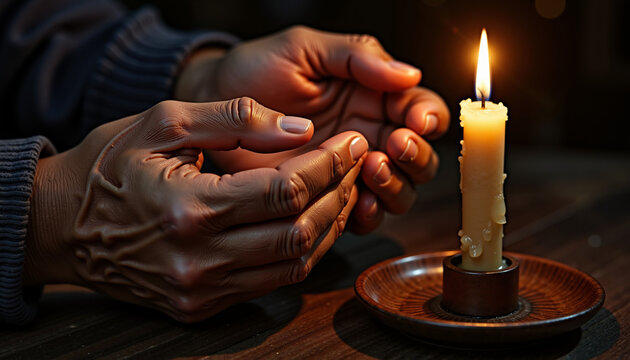 Close-up of hands warming up near flickering candle flame indoors  