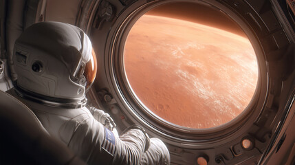 An astronaut sits calmly, gazing out the spacecraft window at the striking red surface of Mars. The view highlights the planet's unique terrain, inspiring thoughts of future colonization