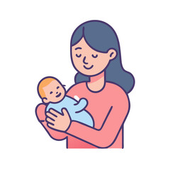 A cute cartoon illustration of a mother holding her baby lovingly