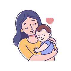 Stylized cartoon image of a mother holding her baby with love and affection