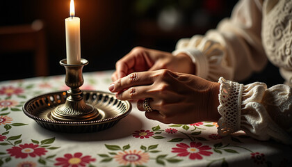 Close-up of hands adjusting candle flame on floral tablecloth  