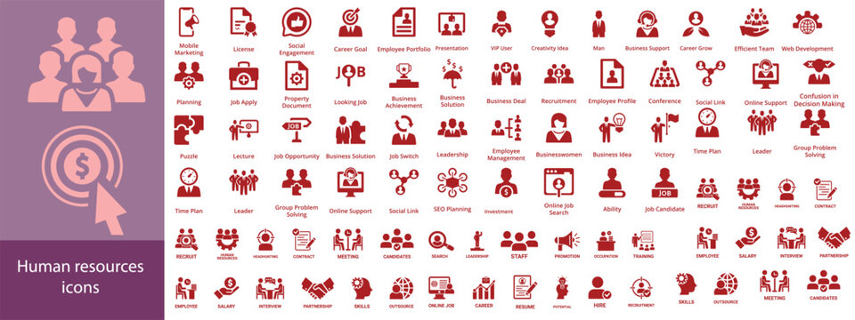 Human resources icons, such as recruitment, hr management, collaboration, teamwork and more. Vector illustration. Easily changes to any color.