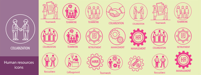 Human resources icons, such as recruitment, hr management, collaboration, teamwork and more. Vector illustration. Easily changes to any color.