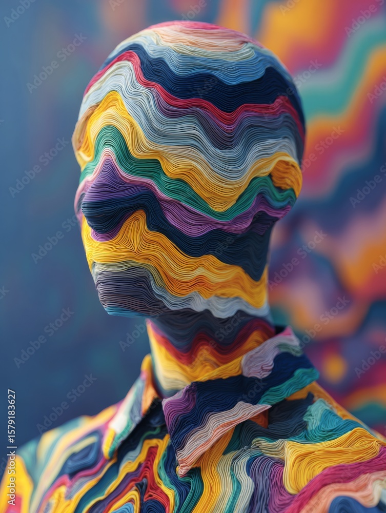 Poster abstract 3d shapes layered into a human form in vibrant colors and patterns
