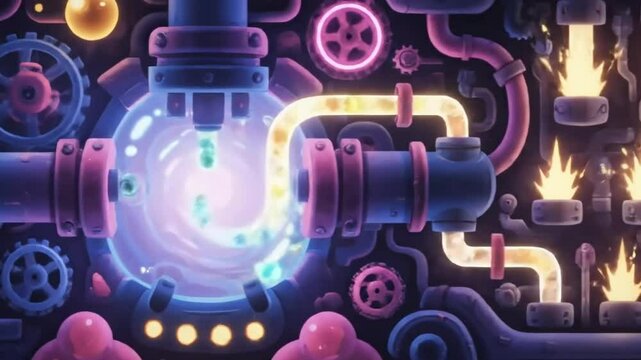 Whimsical candy factory animation with vibrant pipes and glowing orbs cartoon style