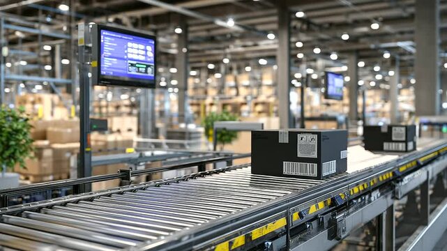 Warehouse logistics plant with black totes moving on parallel conveyor belts, robotic arms picking and packing items, surrounded by industrial shelving and digital monitoring stati