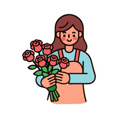 Illustration of a smiling woman holding a bouquet of red roses
