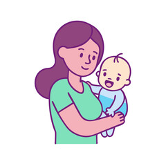 Stylized depiction of a mother lovingly holding and caring for her baby
