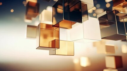 Abstract geometric cubes floating with warm light reflections and elegant transparent design on a soft background - Powered by Adobe
