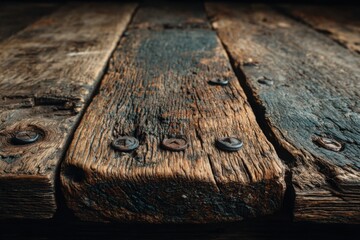 Obraz premium Close up of weathered wooden planks with rusty metal screws
