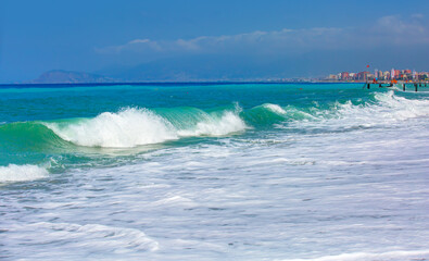 Mahmutlar and Kestel beach with strong sea wave - Mahmutlar beach is longest beach in Turkey -...