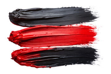 Three thick, textured brush strokes of black and red paint are displayed horizontally, isolated on white isolated on transparent background